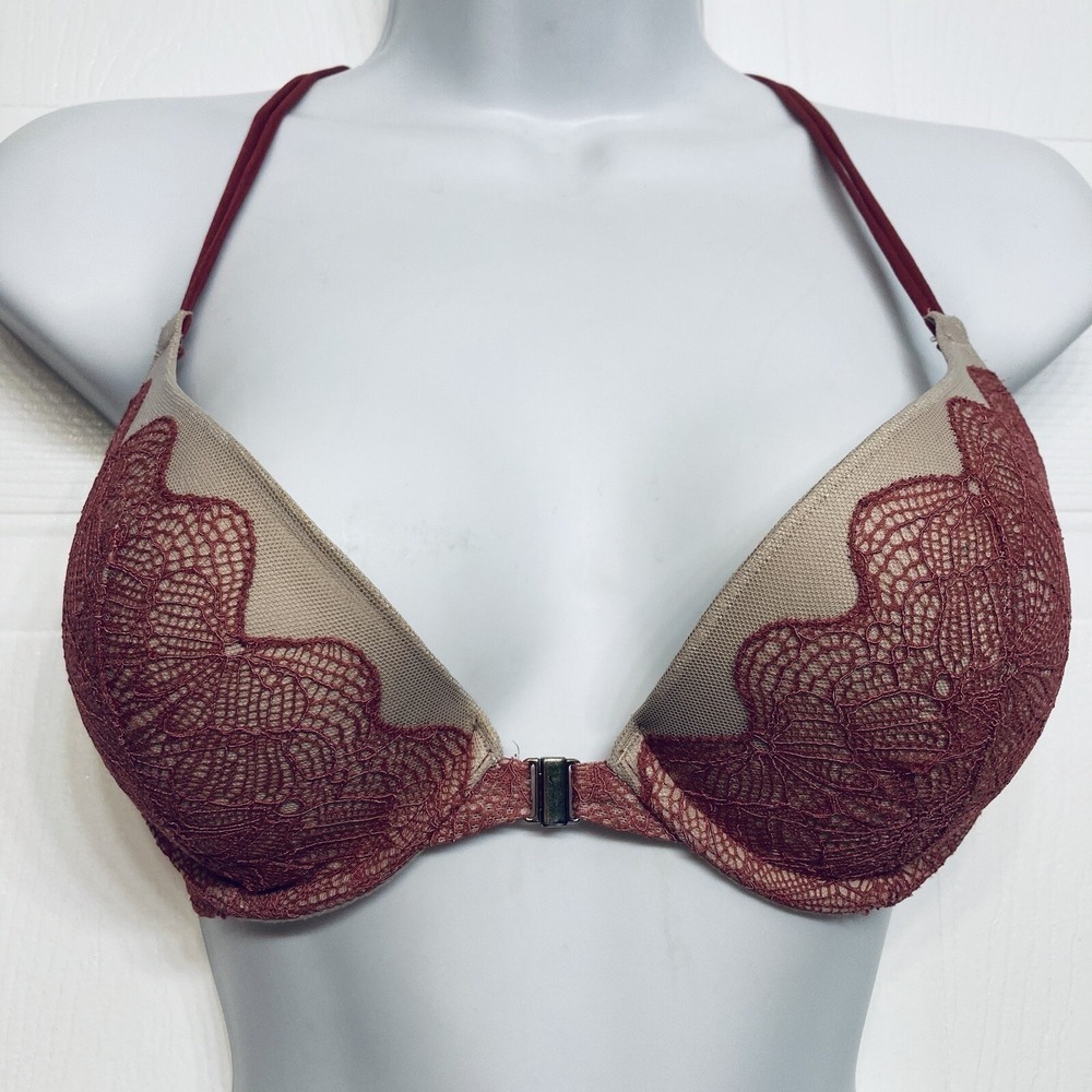 Victoria's Secret Bra Women 32D Burgundy‎ Lace Front Close Very Sexy Push Up